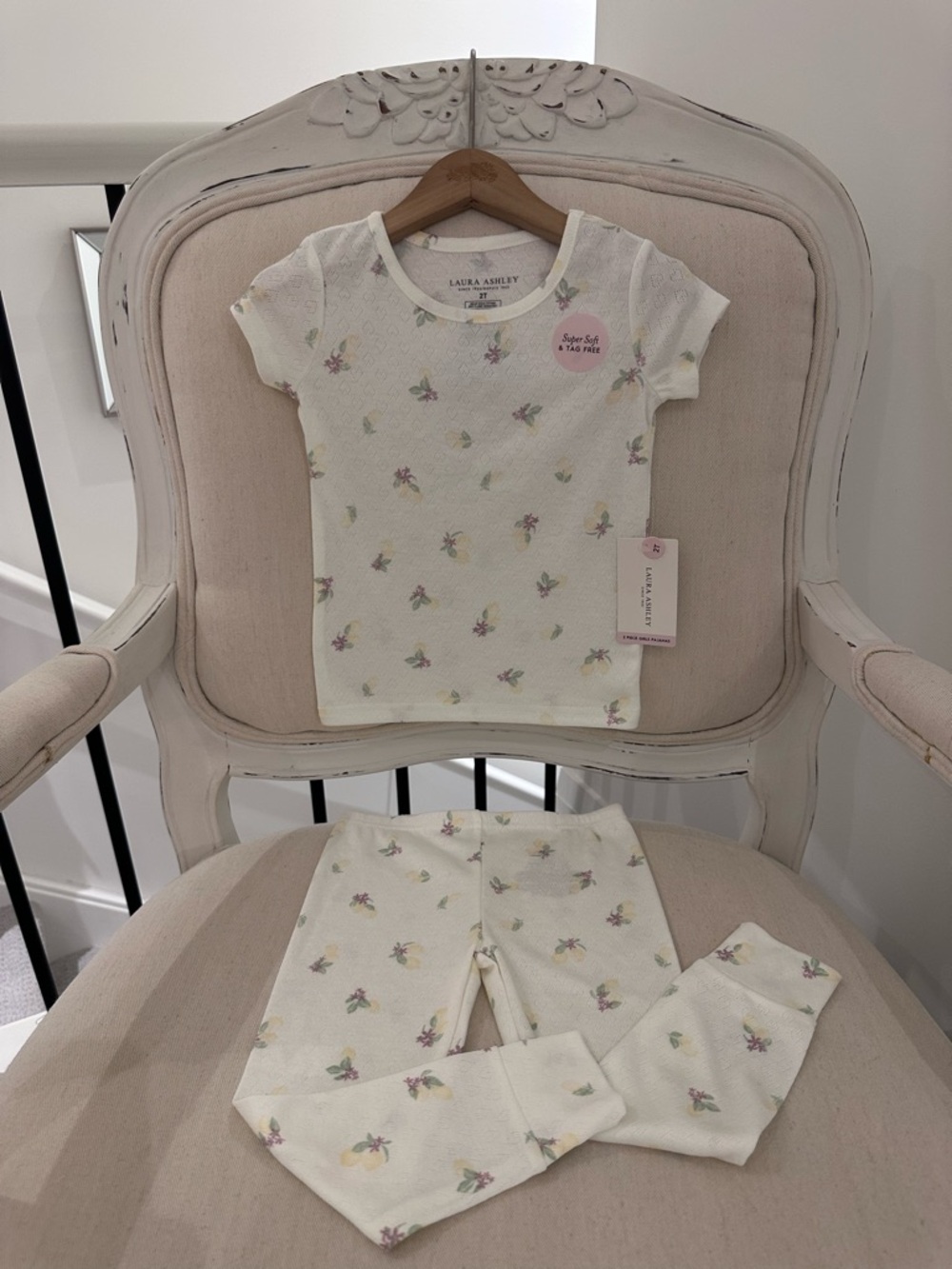 🍋 2T Laura Ashley Ivory Lemon Blossom Pointelle Heart Knit Toddler PJ Set NWT
